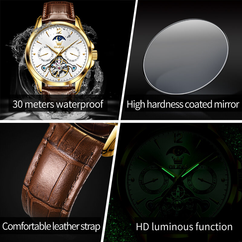 OLEVS marka męski zegarek mechaniczny skórzany wodoodporny tydzień data wojskowy faza księżyca automatyczny zegarek z tourbillonem Relogio Masculino