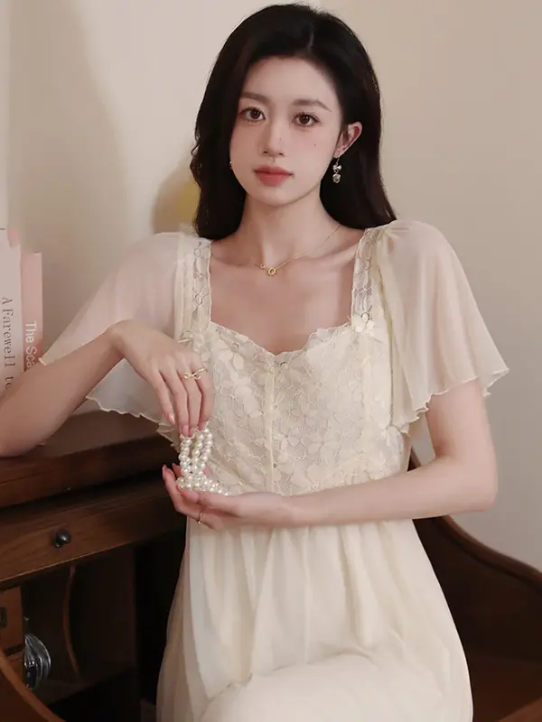 Damska koronkowa siatkowa wróżka słodka sukienka wieczorowa francuskie letnie falbany z krótkim rękawem seksowne Vintage księżniczka koszule nocne wiktoriańska bielizna nocna