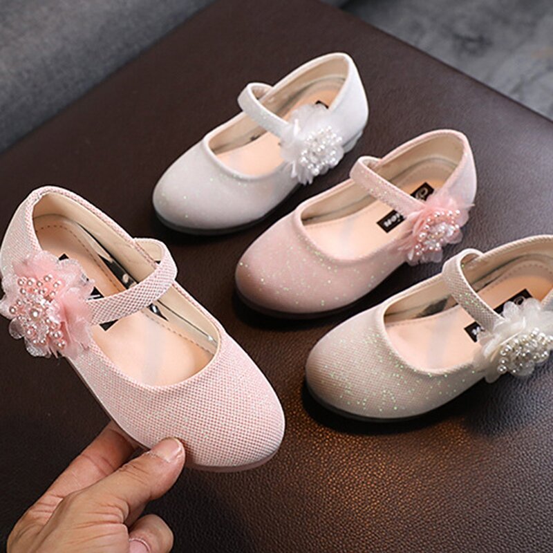 Baywell-Sapatos baixos para meninas, design de pérolas e flores, sapatos princesa para crianças, bebês e bebês, festa e casamento, novos