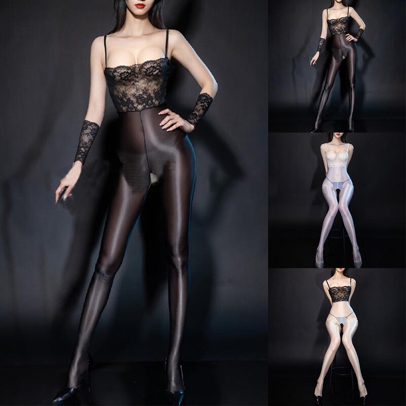 Sexy Women Oil Shiny Jumpsuit Ultra-thin Sheer Transparent Full Bodystocking Lace Crotchless Bodysuit Tight Erotic Lingerie