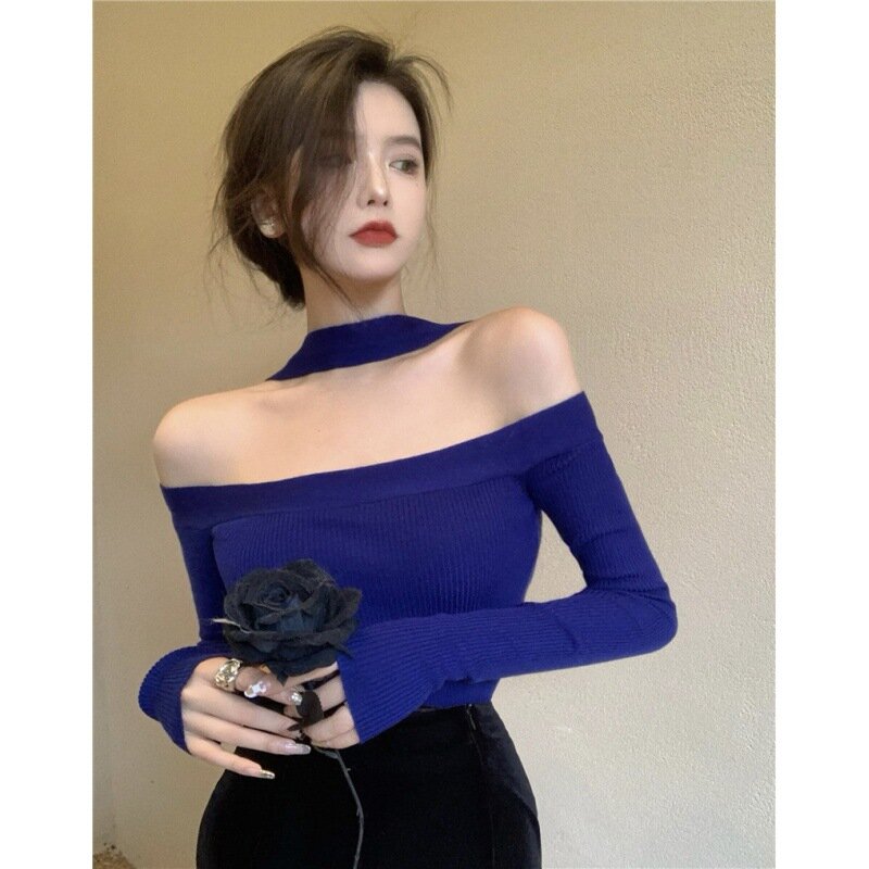 Thin leggings top spring and autumn women's 2022 new temperament one line shoulder clavicle pure desire spice girl wind sweater