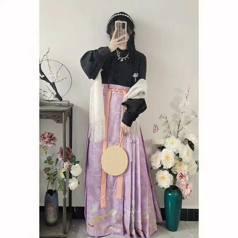 Mamianqun estampado para mujer, camisa China con cuello, falda de cara de caballo, ropa Hanfu bordada, estilo diario, vestidos Ma Mian Qun Han