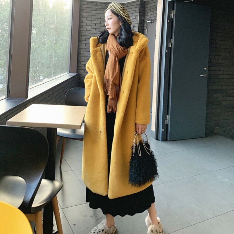 Hooded Overcoat for Women 2023 Winter Thick Warm Faux Mink Fur Long Coat Elegant Lady Single Breasted Furry Outerwears