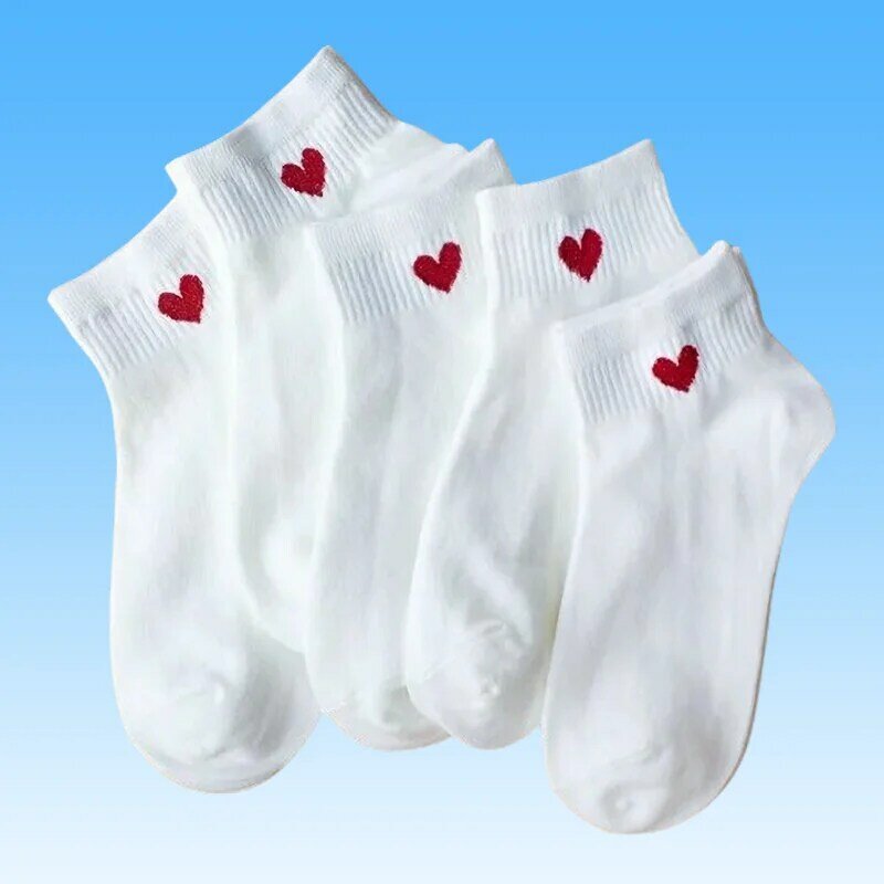 Calcetines tobilleros blancos y negros para mujer, medias de tubo bajo de algodón con diseño de corazón de amor, ideal para primavera y verano, 5 pares