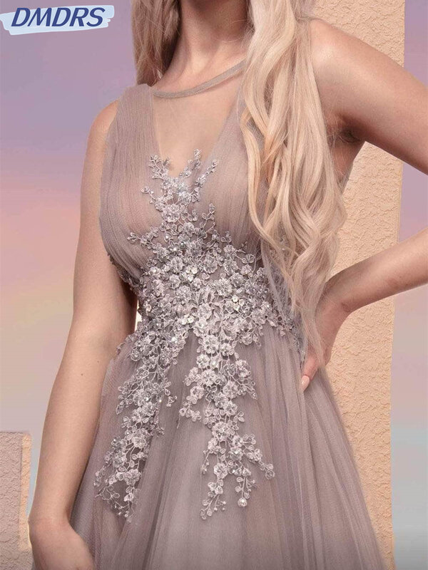 Gaun Prom A-Line kerah V rendah seksi gaun malam Appliqué elegan 2024 gaun panjang Lantai Tulle menawan Vestidos De Novia