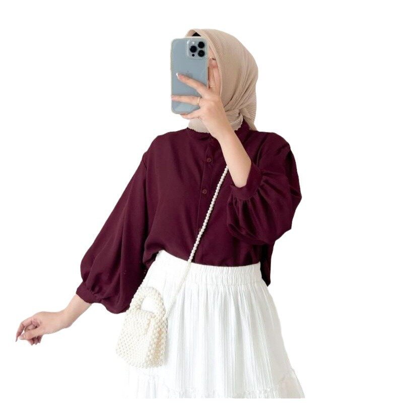 Atasan Lebaran wanita Muslim, blus Pullover Dubai Malaysia polos kasual longgar dengan kancing melar tunggal kerah O