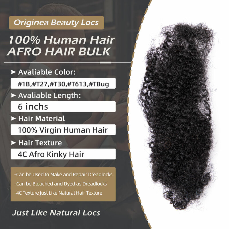 Afro Kinky Bulk Human Hair Bundles pour Dreadlocks, Repair Extension, Braiding Hair, 6 ", # 1B #27 #30 #613 # Bug