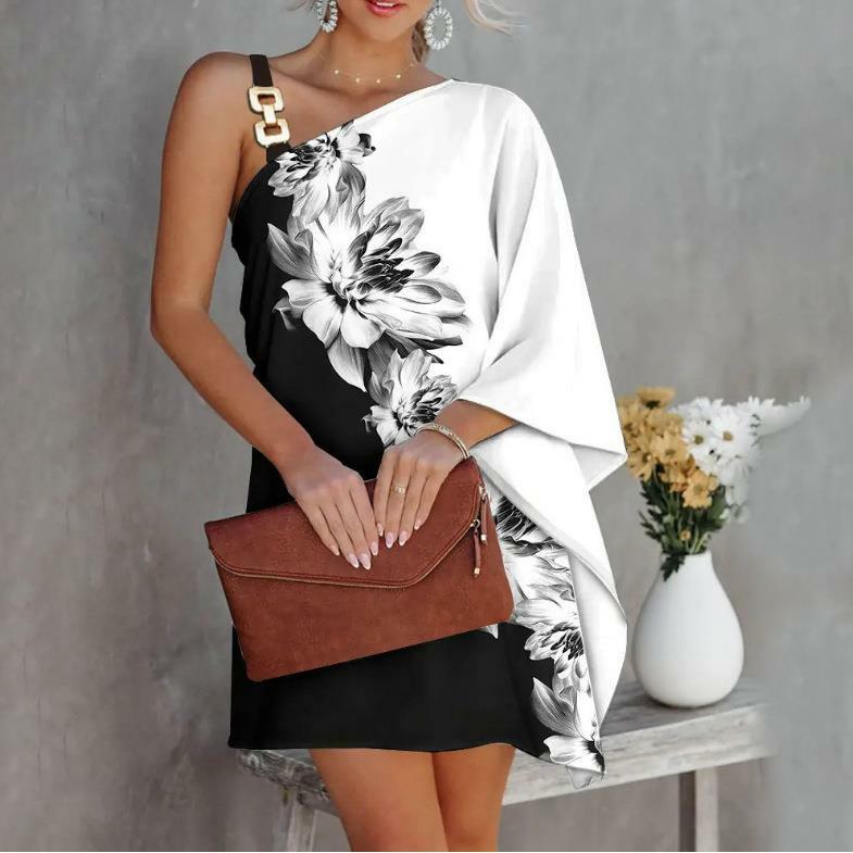 Женское мини-платье с открытыми плечами, элегантное платье в стиле бохо с косым воротником, цепочками и принтом, лето 2023