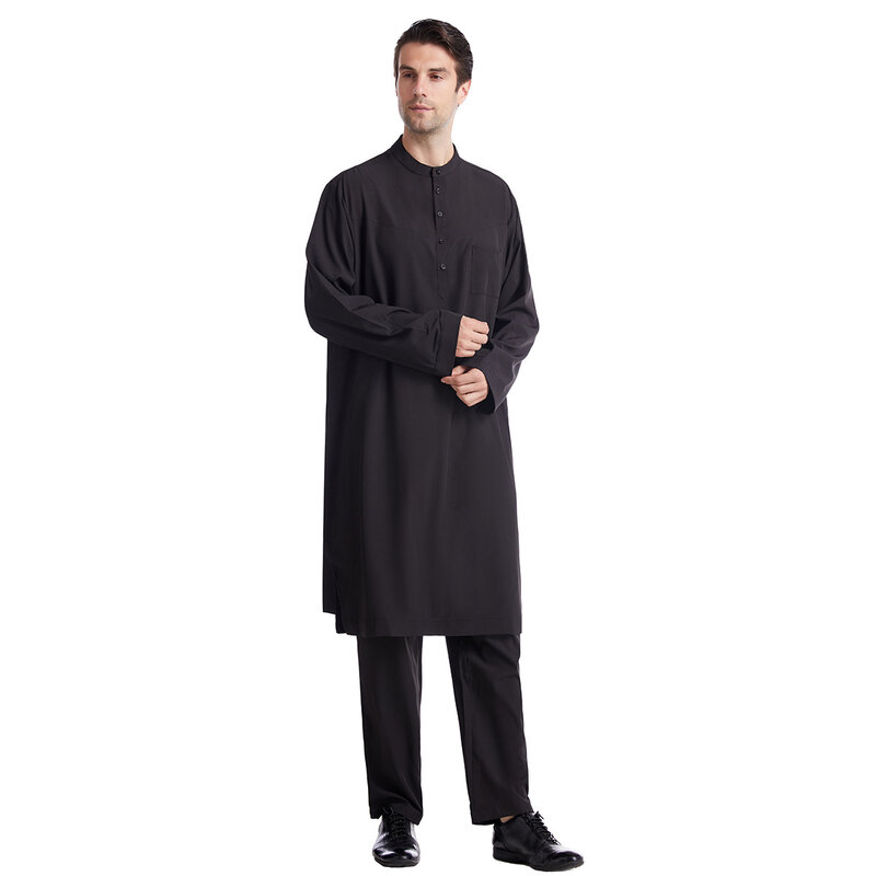 Setelan jubah Arab Saudi untuk pria, 2 potong, gaun Thobe Dubai, atasan lengan panjang, Set celana lebaran, pakaian Islami