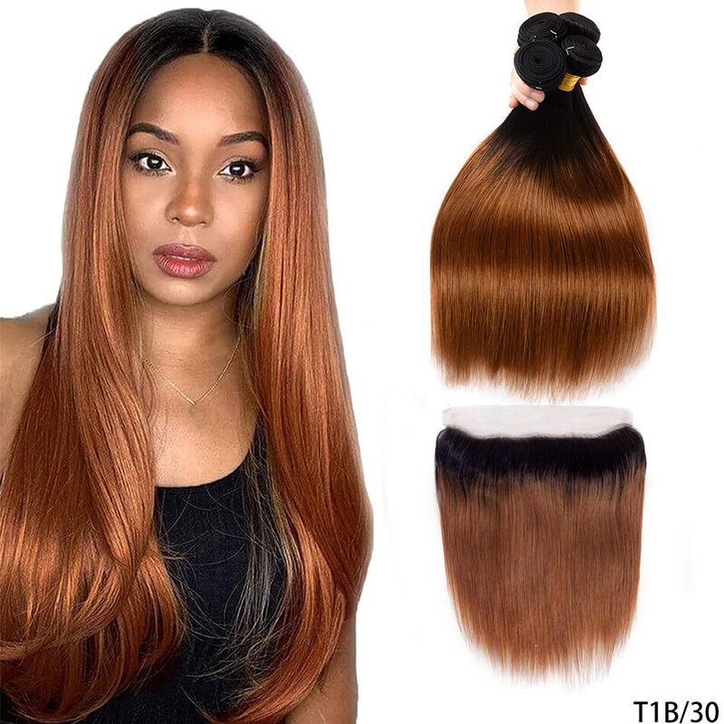 DreamDiana 100% Brazilian Straight Hair Bundles With Lace Frontal Closure Remy Human Hair Ombre Bundles With Front Lace Closure