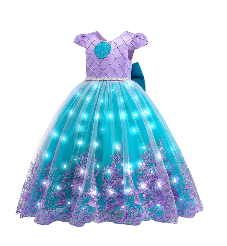 Disney-roupa de sereia com luz LED, Ariel Tutu, vestidos de princesa, festa de aniversário, Halloween Dress Up, Dress Up