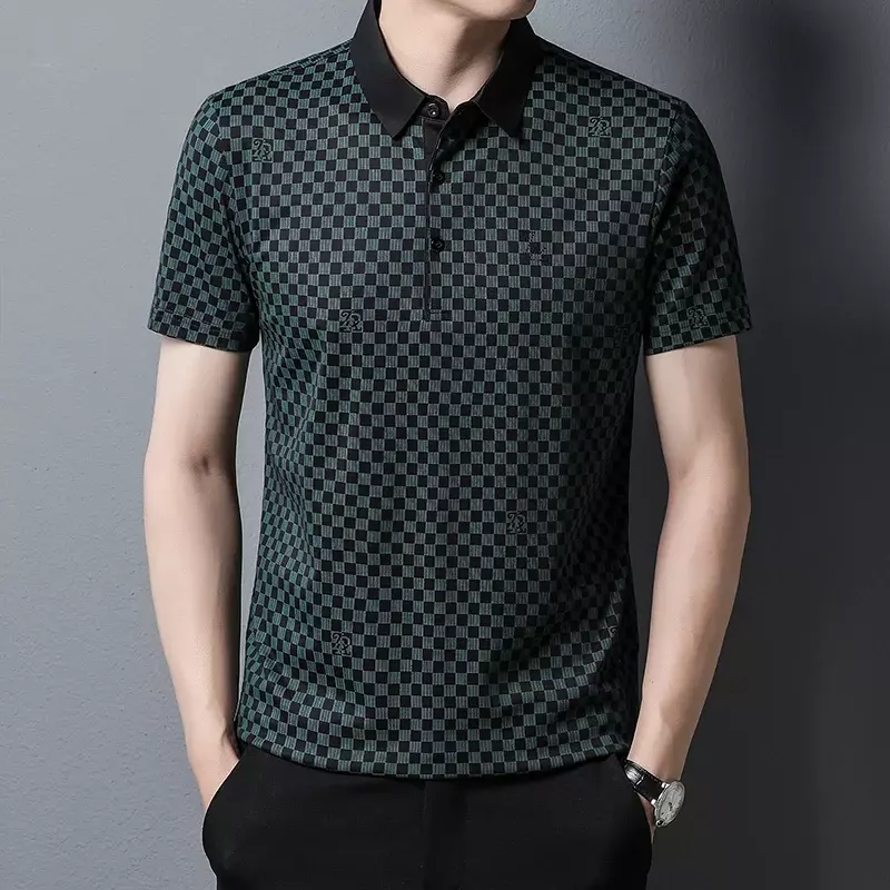 Summer Seamless Ice Silk Business Casual Fashion Plaid Polo Shirt Short Sleeved Shirt for Men