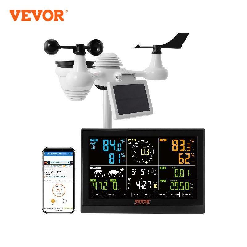 VEVOR 7-in-1 Wi-Fi Weather Station 7.5 in Color Display with Solar Wireless Outdoor Sensor Alarm Alerts for Temperature Humidity