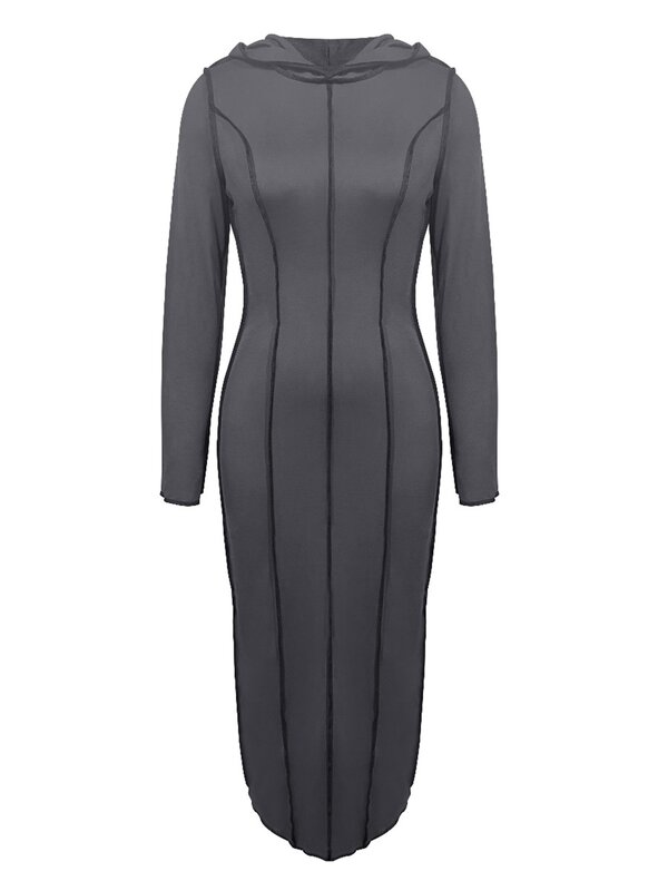 LW Solid Split Hooded Maxi Dress Stitch Patchwork Casual Long Sleeve Bodycon Dresses Plain Lady Chic Party Club Robe