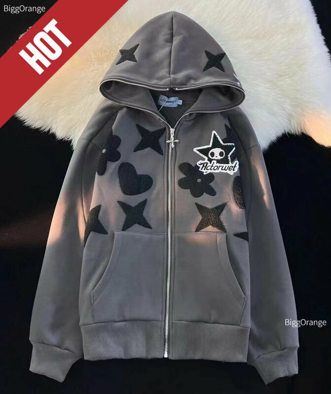 Penjualan Terbaik Jaket Hoodie Ritsleting Penuh Bintang Bordir Antik Sweter Besar Pakaian Pria Streetwear Y2k Harajuku Goth