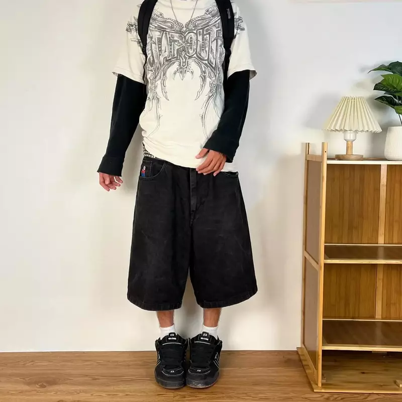 Vintage Y2k Big Boy Cartoon Graphic Embroidery Jeans Shorts Hip Hop Streetwear Baggy Gym Shorts for Men Harajuku Gothic Shorts