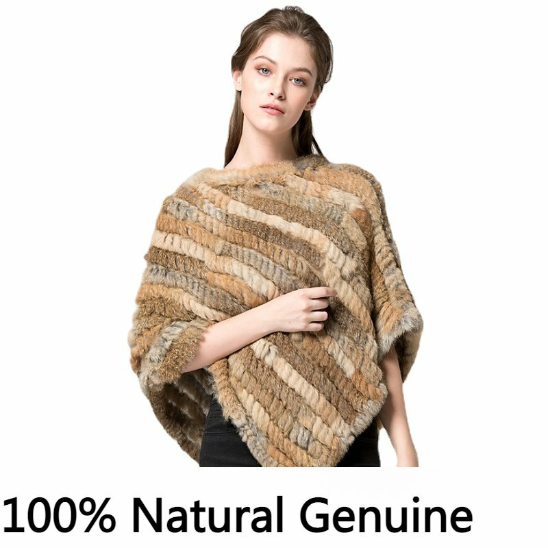 Poncho de piel auténtica Natural para mujer, abrigo triangular tejido a mano de piel de conejo, chal, Otoño e Invierno