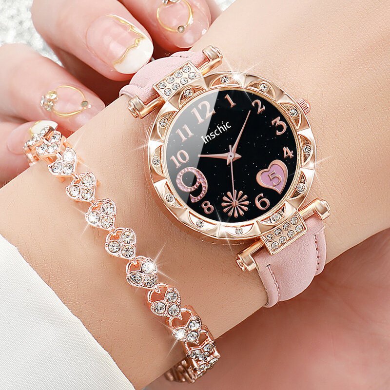 2pcs/set Fashion Women Leather Strap Love Heart Quartz Watch & Crystal Bracelet
