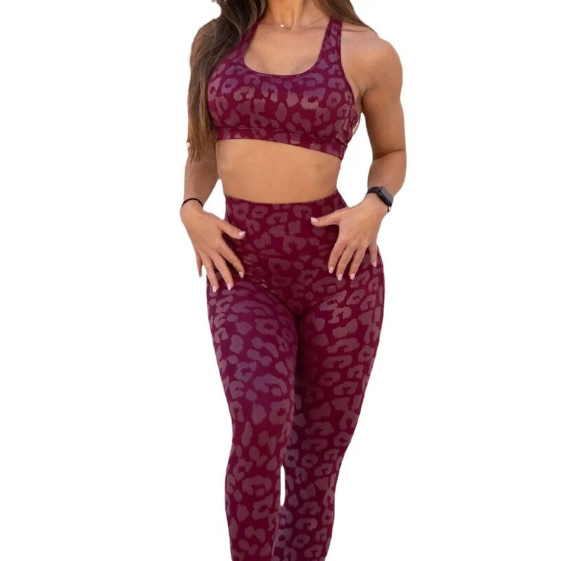 Colete de fitness esportivo estampado leopardo, leggings de cintura alta, calças de elevação de quadril, novo, 2024