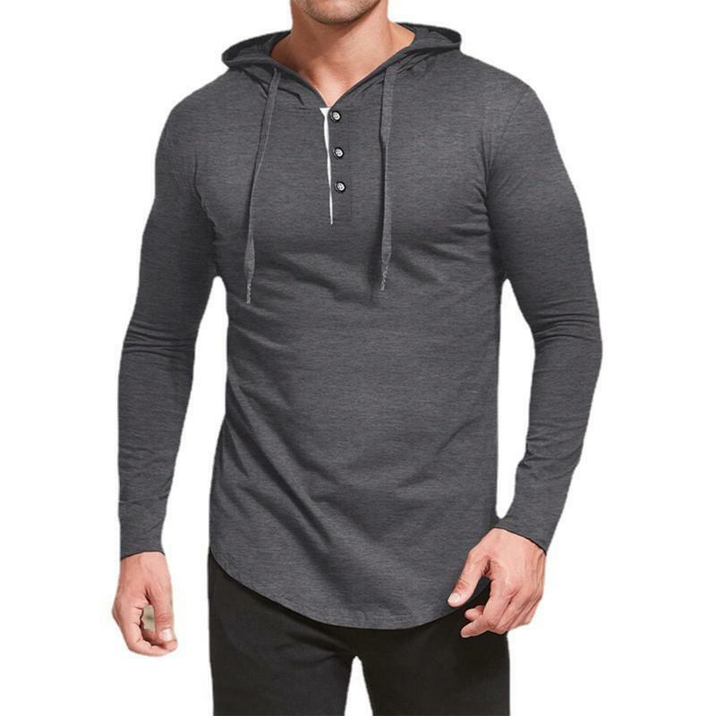 Men's Athletic Shirt Hoodie Solid Hooded Long Sleeve Top Button Placing Active Casual Drawstring Hoodie Shirt With Button Front
