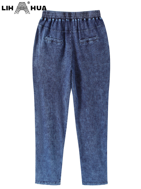 LIH HUA calças de brim femininas plus size outono chique elegante jeans para chubby calças de brim de malha de algodão feminino