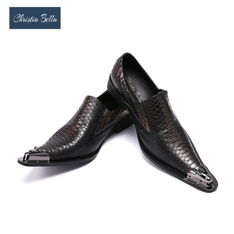 Christia bella-紳士靴,シックなスタイル,金属の先端,スネークグレイン,本革のビジネスシューズ