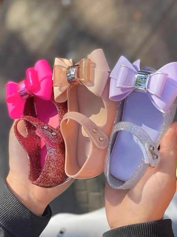 2024 Summer Spring Gilrs Sandals Children Single Jelly Shoes Sister's Fashion Big Bow Princess Flat Summer Beach Sandals