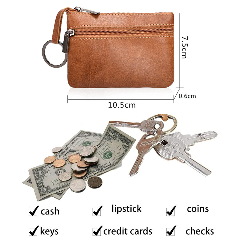 Fashion Genuine Leather Coin Wallet Purse Mini Wallets Waxy Leather Zipper Purses with Keychain Oil Wax Skin Coin Bag