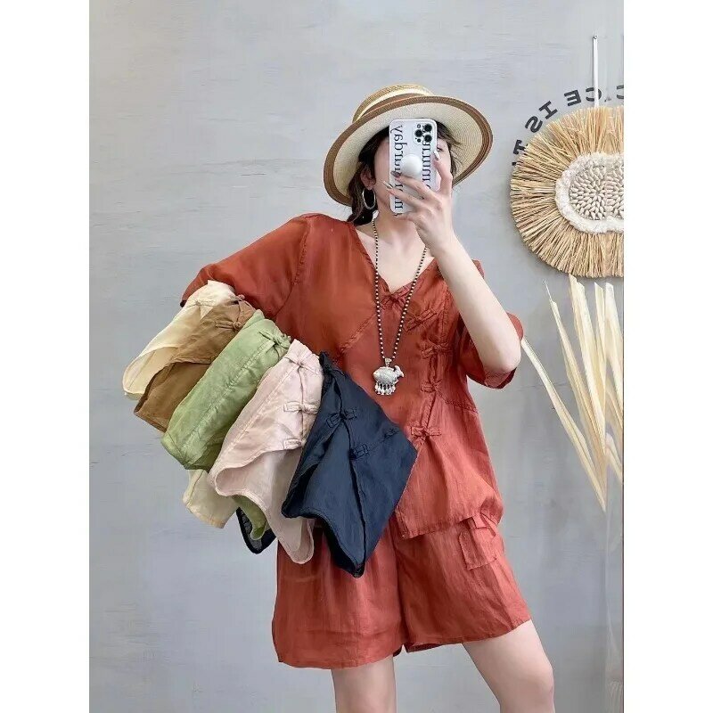 Thin Disc Button Small Suit Summer New Small Slim Shirt Loose Wide Leg Shorts Two-piece Set 2 Piece Sets Womens Outfits