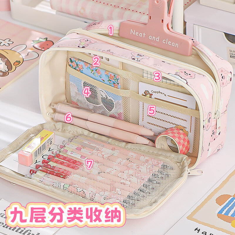 Loppy-bolsa transparente de gran capacidad para bolígrafos, bolsa de papelería bonita de Anime, caja de almacenamiento de suministros para estudiantes, bolsa impresa rosa