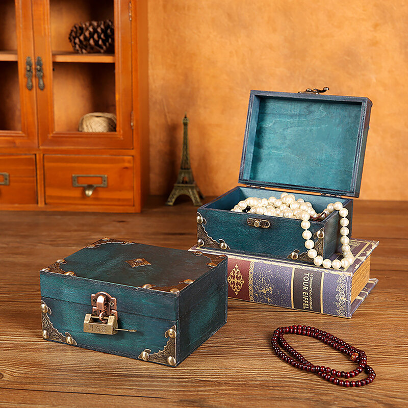 Caja del Tesoro de madera decorativa, caja de almacenamiento de joyas, baratija de madera Vintage, organizador de joyas, embalaje con casillero
