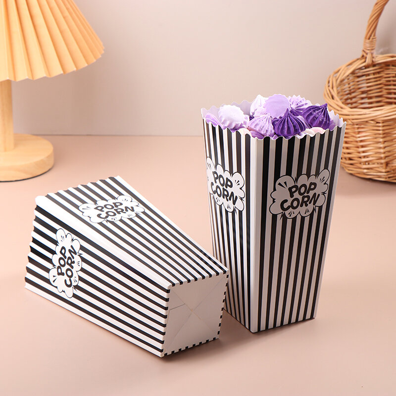 10Pcs Paper Popcorn Boxes Black And White Pop Corn Buckets Mini Snack Candy Container For Movie Theater Wedding Party