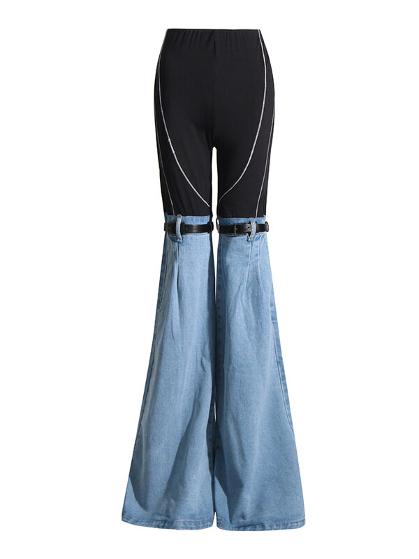 ROMISS-Calça jeans feminina com retalho colorido, cintura alta, bolso emendado, fina, calça casual, streetwear feminina, hit