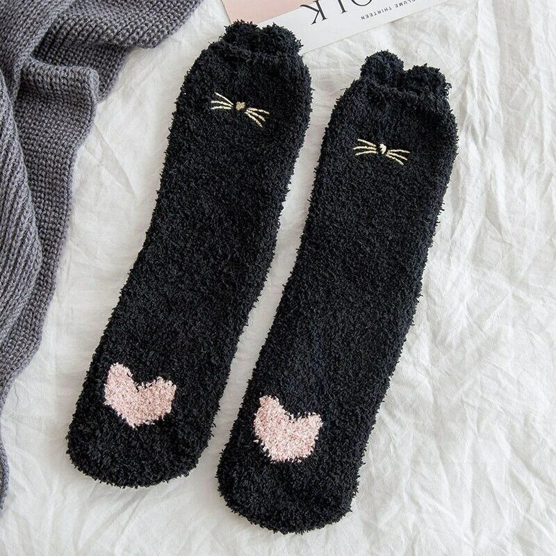 Женские носки, зимние милые флисовые пушистые носки с сердечками, кораллового цвета, женские осенние утепленные Веселые носки для девочек, теплые флисовые Носки