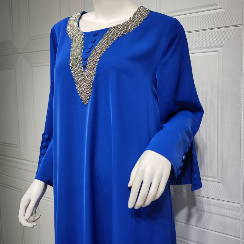 Islam Abaya vestido para mulheres, Hot Drill Abayas, vestido de moda solta azul, adequado para mulheres européias e americanas, verão, 2023