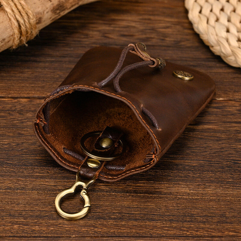 حقيبة عملات معدنية صغيرة مصنوعة يدويًا من الجلد للرجال والنساء ، محفظة مفاتيح عتيقة ، بطاقة بمشبك قصير للإناث ، حقيبة حافظة مفاتيح