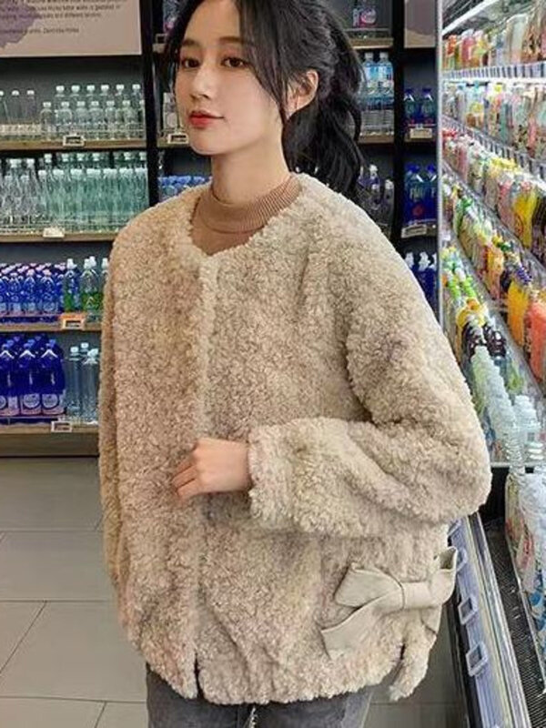 Jaqueta curta de cabelo de cordeiro feminina, pele solta e espessa integrada, outono e inverno, nova versão coreana, 2023