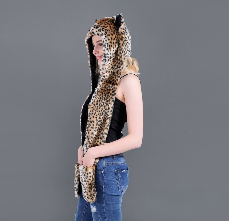غطاء رأس بطباعة جلد النمر على شكل حيوانات كرتونية ، قبعة من الفرو الصناعي مع وشاح ، قفازات ، أذنين وكعب ، 3 في 1 ، قبعة دافئة ، قفاز للنساء ، فتاة ، هدية ، شتاء