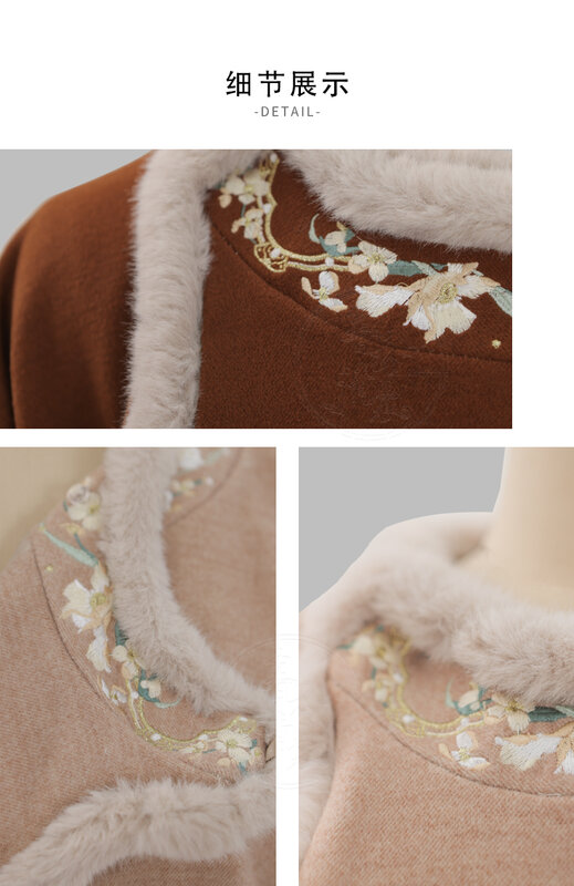 Nowy chiński styl Tang jesienno-zimowy gruby ciepły płaszcz z okrągłym dekoltem