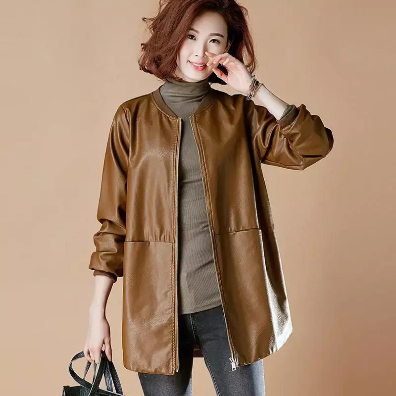 2023 Spring and Autumn Women's Mid Length Leather Jacket PU Baseball Uniform Commute Style Loose and Slimming Faux Leather Coat