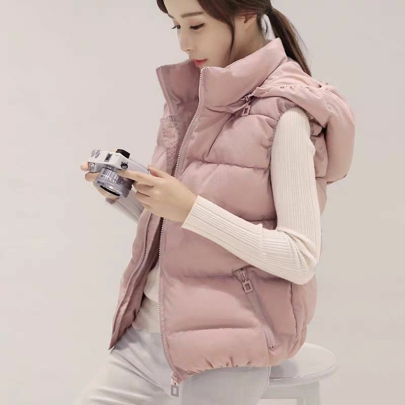 Parkas Women Vest Coats Korean Solid Hooded Zipper Short Coat Stand Collar Slim Fit Regular Warm Thick Sleeveless Winter