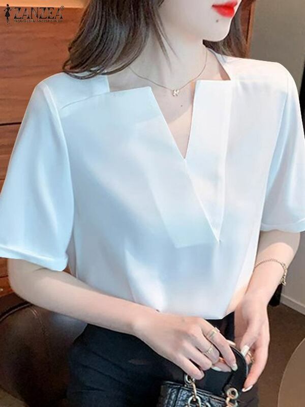 ZANZEA Women Elegant White Office Blouse Korean V-neck Short Sleeve Tops Shirt 2024 Summer Vintage Female Commuting Tunic Blusas