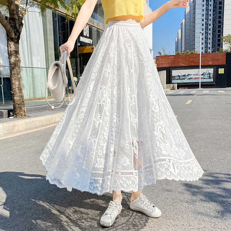 Spring Summer Elegant Women Long Maxi Skirts Fashion Lace Bottoms Solid Pleated Elastic High Waist Sweet Beach Skirts