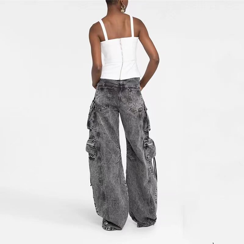American Sot Moda Novo Retro Multi Bolso Ferramentas Y2K Jeans Mulheres Hip Hop Street Loose Casual Straight Black Wide Leg Pants