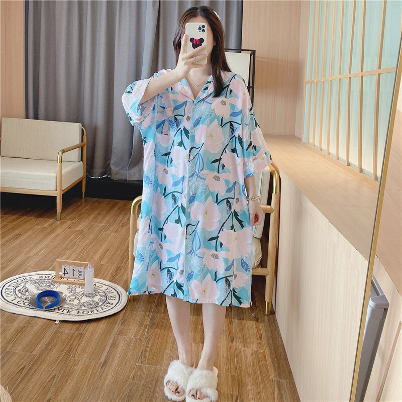 Gaun Malam Kancing Longgar Piyama Viscose Musim Panas Wanita Lengan Tiga Perempat Korea Bunga Seksi Lembut Keren Manis Loungewear Pjs