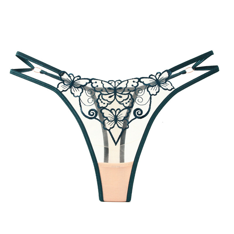 Women Sexy Lace Butterfly Embroidery Thong Panties Perspective Breathable Lingerie Low Waist Spaghetti Strap G String Briefs