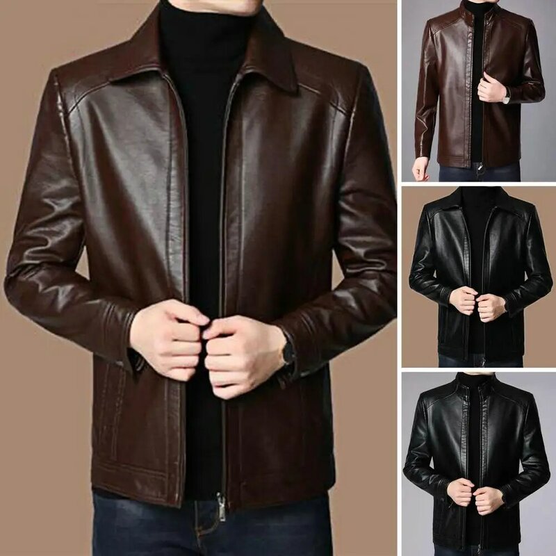 Jaket kulit sintetis pria, jaket kulit tiruan pria, pakaian luar trendi tahan angin hangat untuk musim gugur dan musim dingin