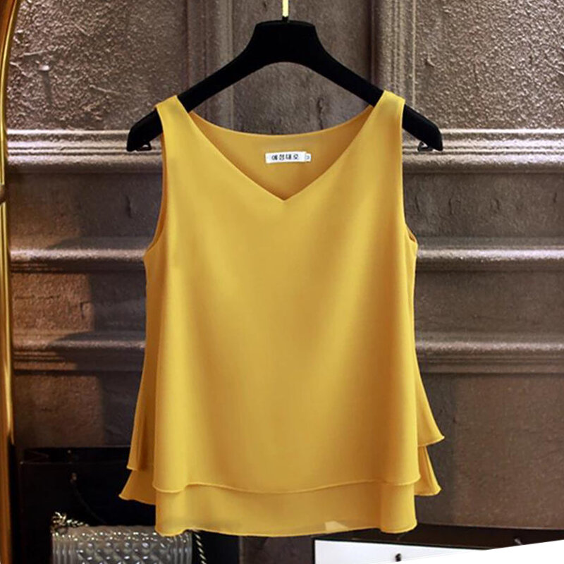 Blusa informal de chifón sin mangas para mujer, Camisa lisa con cuello en V, talla grande 5XL, 2024