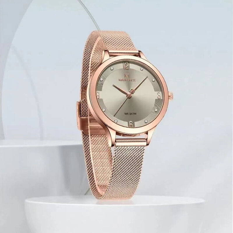 Часы наручные женские кварцевые, брендовые Модные Роскошные водонепроницаемые с сетчатым стальным браслетом, с алмазным циферблатом, NF5023