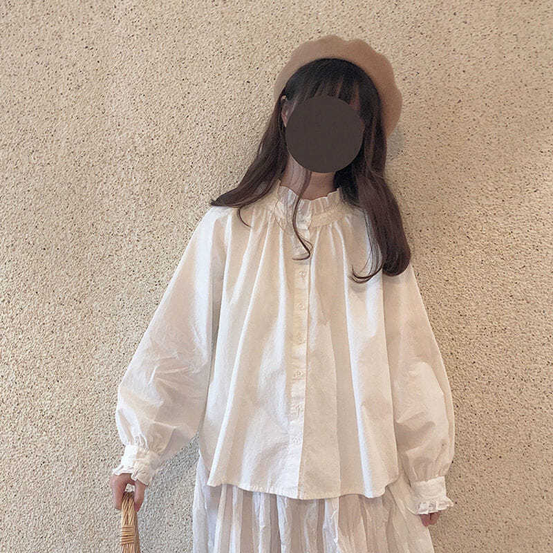QWEEK-camisa Kawaii Harajuku para niña, blusa blanca de estilo japonés coreano, Tops con volantes de Lolita, blusa holgada suave de manga larga